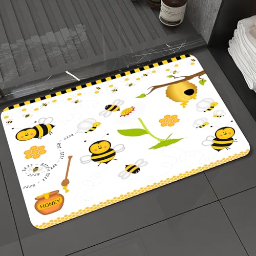 KDWJS Badematte rutschfest Super Absorbierende Badezimmerteppich,Waschbar Duschvorleger,Badewannen undBadezimmer,Collage aus süßen Bienen, Blumen und Honigelementen,40x60 cm von KDWJS