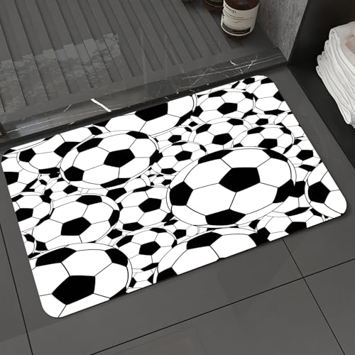 KDWJS Badematte rutschfest Super Absorbierende Badezimmerteppich,Waschbar Duschvorleger,Badewannen undBadezimmer,Dichtes Muster aus schwarz-weißem Fußball, monochromen und Mehreren überlapp,40x60 cm von KDWJS