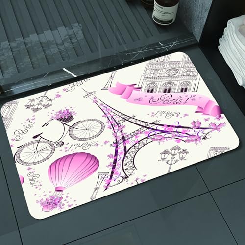 KDWJS Badematte rutschfest Super Absorbierende Badezimmerteppich,Waschbar Duschvorleger,Badewannen undBadezimmer,Eiffelturm Paris mit rosa Blumen und Schmetterlingen Heißluftballon,40x60 cm von KDWJS