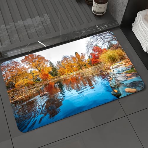 KDWJS Badematte rutschfest Super Absorbierende Badezimmerteppich,Waschbar Duschvorleger,Badewannen undBadezimmer,Enten Schwimmen im bunten Teich, Herbst mit reflektierendem Pool und Enten,40x60 cm von KDWJS