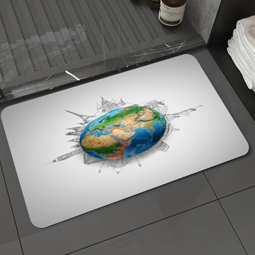 KDWJS Badematte rutschfest Super Absorbierende Badezimmerteppich,Waschbar Duschvorleger,Badewannen undBadezimmer,Erde, Planet Erde Globus realistische Kontinente Geographie Thema Bleistift,40x60 cm von KDWJS