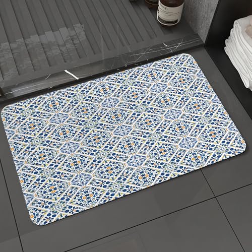 KDWJS Badematte rutschfest Super Absorbierende Badezimmerteppich,Waschbar Duschvorleger,Badewannen undBadezimmer,Ethnische portugiesische Azulejo-Fliesen, Blumenmosaik Eur,40x60 cm von KDWJS