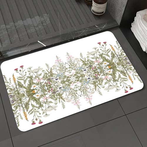 KDWJS Badematte rutschfest Super Absorbierende Badezimmerteppich,Waschbar Duschvorleger,Badewannen undBadezimmer,Exquisite und symmetrische Darstellung verschiedener Wildblumen und Kräuter,40x60 cm von KDWJS