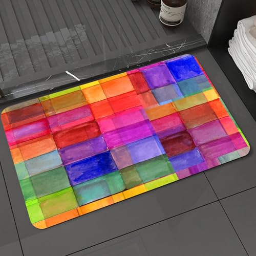 KDWJS Badematte rutschfest Super Absorbierende Badezimmerteppich,Waschbar Duschvorleger,Badewannen undBadezimmer,Farbe - Reichhaltiges Aquarellraster Eine Reihe überlappender Quadrate in Ei,40x60 cm von KDWJS