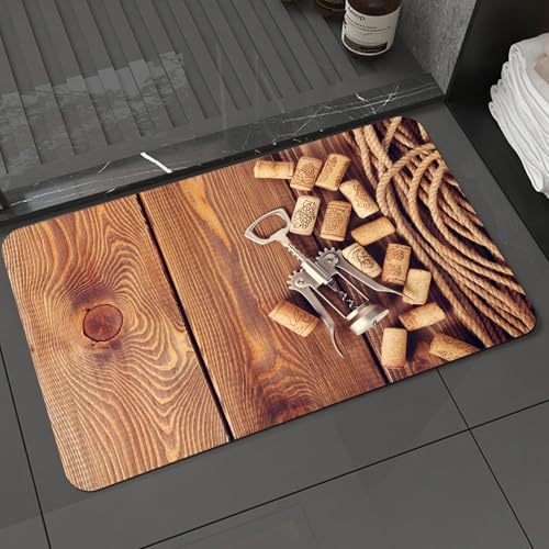 KDWJS Badematte rutschfest Super Absorbierende Badezimmerteppich,Waschbar Duschvorleger,Badewannen undBadezimmer,Flaschenöffner und Weinkorken auf verwitterter Holzoberfläche mit gedrehtem,40x60 cm von KDWJS