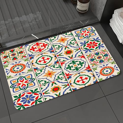 KDWJS Badematte rutschfest Super Absorbierende Badezimmerteppich,Waschbar Duschvorleger,Badewannen undBadezimmer,Fliesendekoration mit quadratischen Fliesen mit aufwendigem floralen und geo,40x60 cm von KDWJS