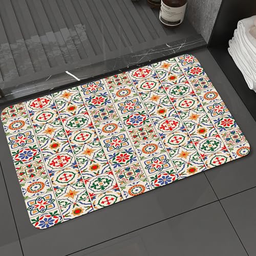 KDWJS Badematte rutschfest Super Absorbierende Badezimmerteppich,Waschbar Duschvorleger,Badewannen undBadezimmer,Fliesendekoration mit quadratischen Fliesen mit aufwendigem floralen und geo,40x60 cm von KDWJS