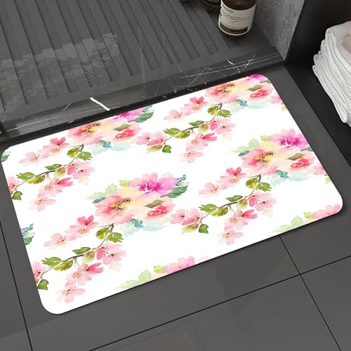 KDWJS Badematte rutschfest Super Absorbierende Badezimmerteppich,Waschbar Duschvorleger,Badewannen undBadezimmer,Florale, stilisierte Aquarell-Blütenblätter der Natur im Shabby Chic-Stil in,40x60 cm von KDWJS