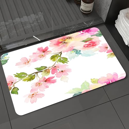 KDWJS Badematte rutschfest Super Absorbierende Badezimmerteppich,Waschbar Duschvorleger,Badewannen undBadezimmer,Florale, stilisierte Aquarell-Blütenblätter der Natur im Shabby Chic-Stil in,40x60 cm von KDWJS