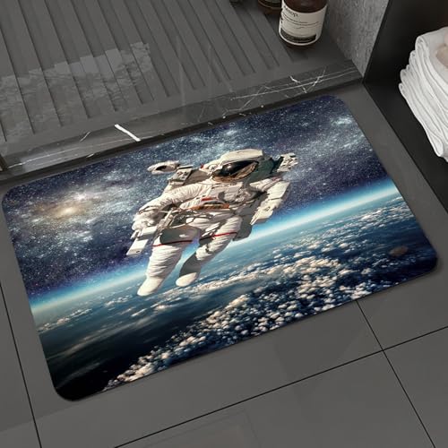 KDWJS Badematte rutschfest Super Absorbierende Badezimmerteppich,Waschbar Duschvorleger,Badewannen undBadezimmer,Galaxie, Astronaut schwebt im Weltraum mit dem Planeten Erde, surreale Schwe,40x60 cm von KDWJS