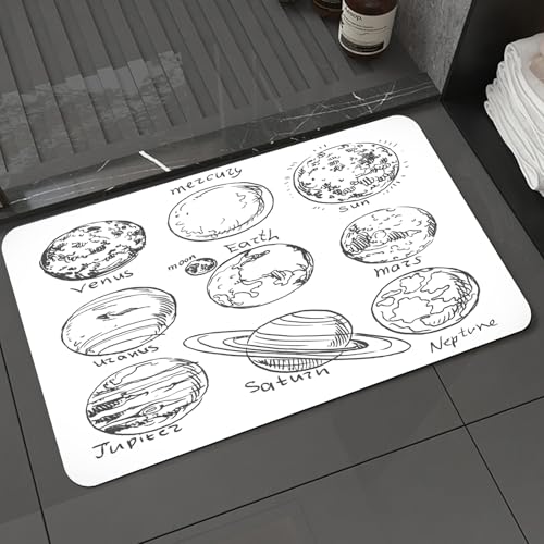 KDWJS Badematte rutschfest Super Absorbierende Badezimmerteppich,Waschbar Duschvorleger,Badewannen undBadezimmer,Gekritzel, Planeten des Sonnensystems Sonne Merkur Erde Mond,40x60 cm von KDWJS