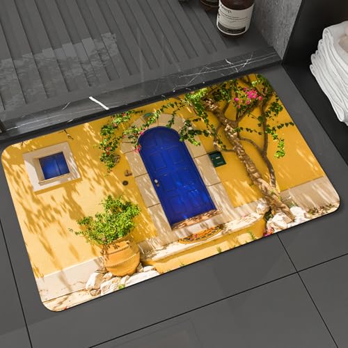 KDWJS Badematte rutschfest Super Absorbierende Badezimmerteppich,Waschbar Duschvorleger,Badewannen undBadezimmer,Gelbe und Blaue traditionelle griechische Tür mit Blumen und Bäumen im medit,40x60 cm von KDWJS