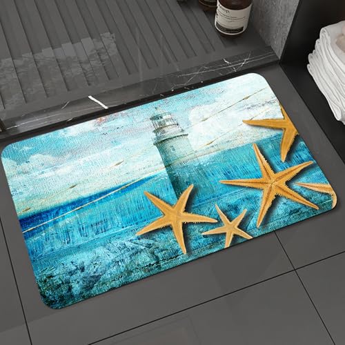 KDWJS Badematte rutschfest Super Absorbierende Badezimmerteppich,Waschbar Duschvorleger,Badewannen undBadezimmer,Gemalte Kunstwerke in Blautönen, Leuchtturm und Goldener Seestern am Meer,40x60 cm KDWJS Badematte rutschfest Super Absorbierende Badezimmerteppich,Waschbar Duschvorleger,Badewannen undBadezimmer,Gemalte Kunstwerke in Blautönen, Leuchtturm und Goldener Seestern am Meer,40x60 cm von KDWJS