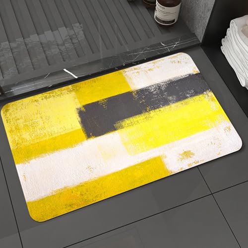 KDWJS Badematte rutschfest Super Absorbierende Badezimmerteppich,Waschbar Duschvorleger,Badewannen undBadezimmer,Grau und Gelb, Abstrakter Grunge-Stil Brushstro,40x60 cm von KDWJS
