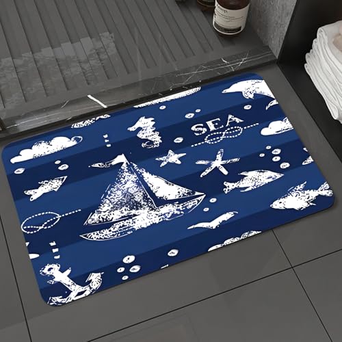 KDWJS Badematte rutschfest Super Absorbierende Badezimmerteppich,Waschbar Duschvorleger,Badewannen undBadezimmer,Grunge weißer Stempeldruck Segelboot Anker Fische Möwe auf marineblauem Hint,40x60 cm KDWJS Badematte rutschfest Super Absorbierende Badezimmerteppich,Waschbar Duschvorleger,Badewannen undBadezimmer,Grunge weißer Stempeldruck Segelboot Anker Fische Möwe auf marineblauem Hint,40x60 cm von KDWJS