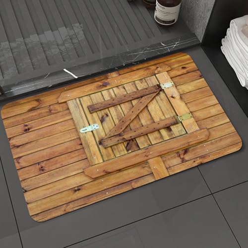 KDWJS Badematte rutschfest Super Absorbierende Badezimmerteppich,Waschbar Duschvorleger,Badewannen undBadezimmer,Holzwand mit Einer kleinen Tür mit Streben, Holzplankenwand im rustikalen St,40x60 cm von KDWJS