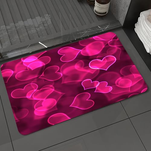 KDWJS Badematte rutschfest Super Absorbierende Badezimmerteppich,Waschbar Duschvorleger,Badewannen undBadezimmer,Hot Pink, süße süße Herzformen,40x60 cm von KDWJS