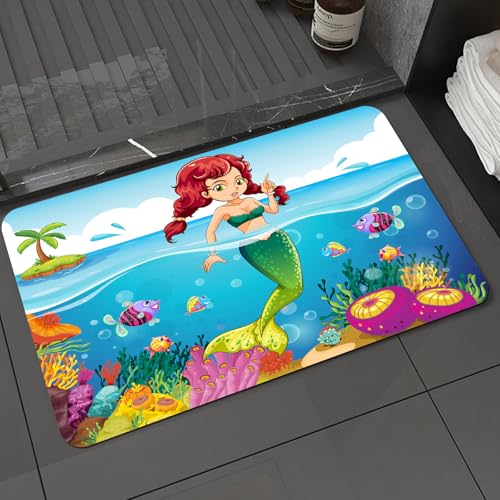 KDWJS Badematte rutschfest Super Absorbierende Badezimmerteppich,Waschbar Duschvorleger,Badewannen undBadezimmer,Illustration eines Meeres mit Einer Meerjungfrau,40x60 cm von KDWJS