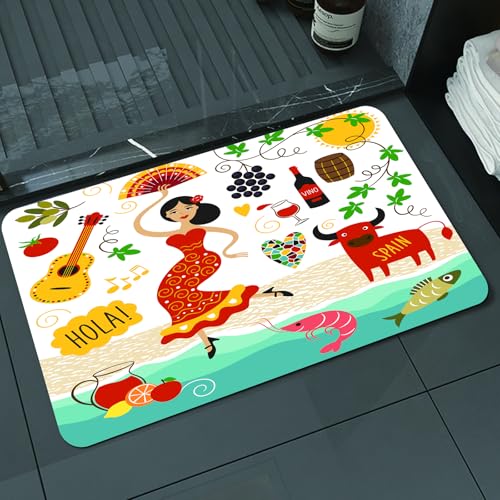 KDWJS Badematte rutschfest Super Absorbierende Badezimmerteppich,Waschbar Duschvorleger,Badewannen undBadezimmer,Illustration lebendiger spanischer Talente, Beschreibung fröhlicher spanisch,40x60 cm von KDWJS