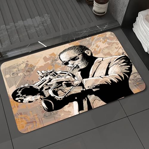 KDWJS Badematte rutschfest Super Absorbierende Badezimmerteppich,Waschbar Duschvorleger,Badewannen undBadezimmer,Jazz-Musik-Set, Grunge-Stil-Illustration eines afrikanischen Musikers mit So,40x60 cm von KDWJS