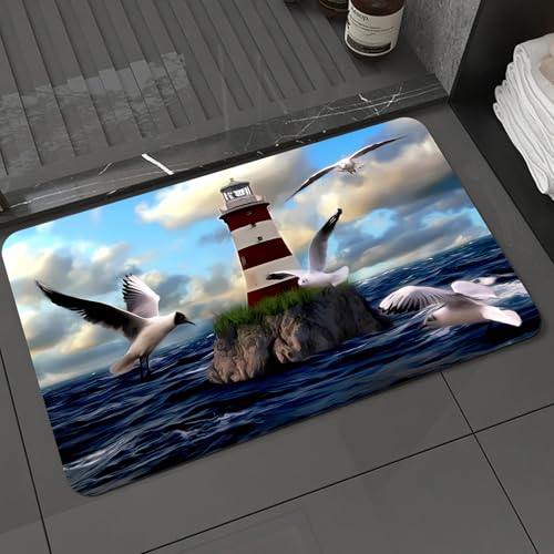 KDWJS Badematte rutschfest Super Absorbierende Badezimmerteppich,Waschbar Duschvorleger,Badewannen undBadezimmer,Küstenleuchtturm, rot-weißer Leuchtturm auf einem Felsvorsprung, umgeben von,40x60 cm von KDWJS