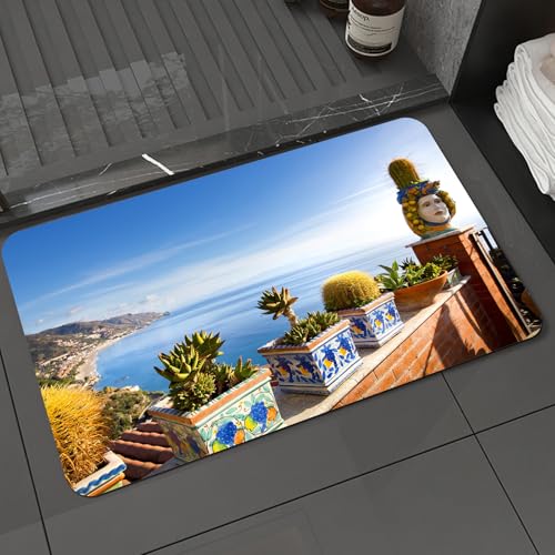 KDWJS Badematte rutschfest Super Absorbierende Badezimmerteppich,Waschbar Duschvorleger,Badewannen undBadezimmer,Küstenstil, Bunte Blumentöpfe und Meer - Reise entlang der Küste von Amalfi,40x60 cm von KDWJS