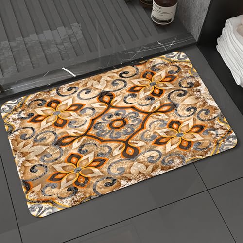 KDWJS Badematte rutschfest Super Absorbierende Badezimmerteppich,Waschbar Duschvorleger,Badewannen undBadezimmer,Kunst, dekoratives Design im Retro-Stil, komplexe geometrische und Florale E,40x60 cm von KDWJS