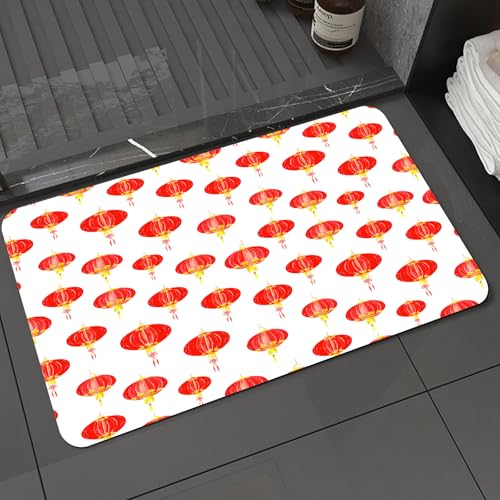 KDWJS Badematte rutschfest Super Absorbierende Badezimmerteppich,Waschbar Duschvorleger,Badewannen undBadezimmer,Kunstdekoration, rote Laterne wiederholt auf weißem Hintergrund,40x60 cm von KDWJS