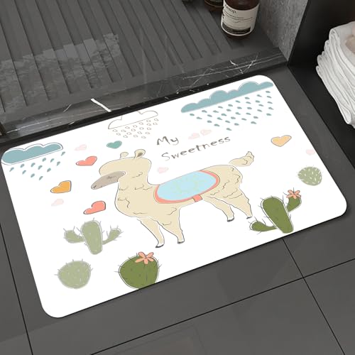 KDWJS Badematte rutschfest Super Absorbierende Badezimmerteppich,Waschbar Duschvorleger,Badewannen undBadezimmer,Lama, süßes abstraktes Alpaka im Regen mit Kaktus p,40x60 cm von KDWJS