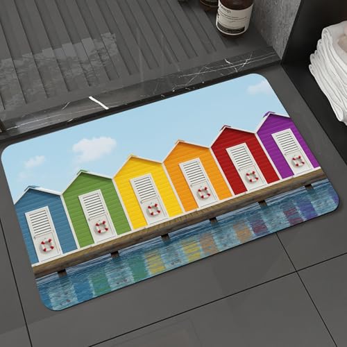 KDWJS Badematte rutschfest Super Absorbierende Badezimmerteppich,Waschbar Duschvorleger,Badewannen undBadezimmer,Landschafts-Teppich, Bild von bunten Strandhütten auf einem Alten hölzernen,40x60 cm von KDWJS