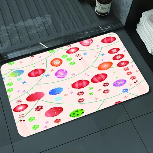 KDWJS Badematte rutschfest Super Absorbierende Badezimmerteppich,Waschbar Duschvorleger,Badewannen undBadezimmer,Laterne, Bunte Neujahrsdekorative chinesische Laternen Feier Urlaub Kunstwer,40x60 cm von KDWJS