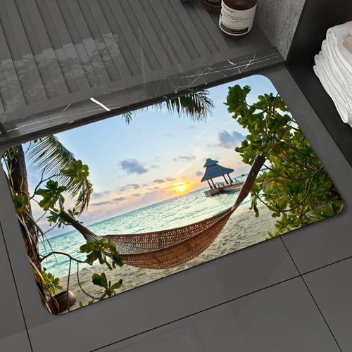 KDWJS Badematte rutschfest Super Absorbierende Badezimmerteppich,Waschbar Duschvorleger,Badewannen undBadezimmer,Leere Hängematte am tropischen Strand auf den Malediven bei Sonnenuntergang,40x60 cm von KDWJS