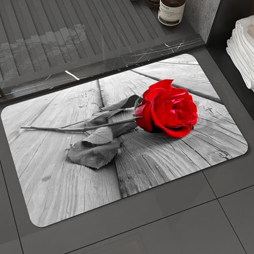 KDWJS Badematte rutschfest Super Absorbierende Badezimmerteppich,Waschbar Duschvorleger,Badewannen undBadezimmer,Leuchtend rote Rose auf dem Alten Holz sticht auf den monochromen Blättern h,40x60 cm von KDWJS