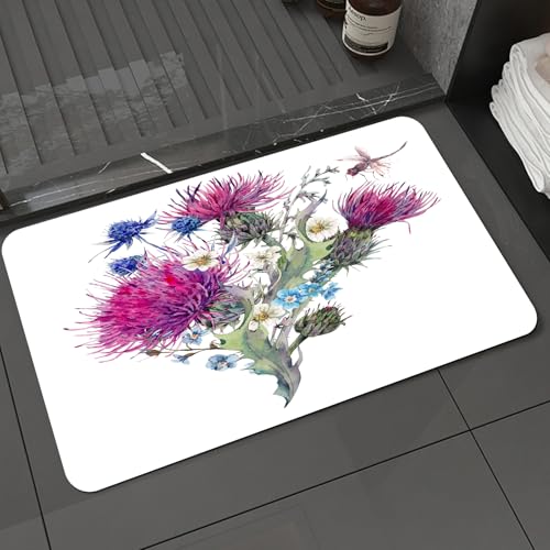 KDWJS Badematte rutschfest Super Absorbierende Badezimmerteppich,Waschbar Duschvorleger,Badewannen undBadezimmer,Libelle, Sommer Natur Wiesenkräuter Bouquet Wilde Disteln Chamomi,40x60 cm von KDWJS