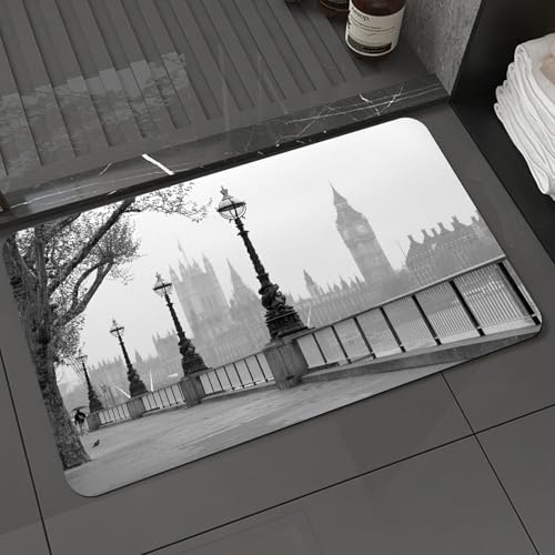 KDWJS Badematte rutschfest Super Absorbierende Badezimmerteppich,Waschbar Duschvorleger,Badewannen undBadezimmer,London, Big Ben vom Walking Way an der Themse mit Laternen unter dem Regenbi,40x60 cm von KDWJS