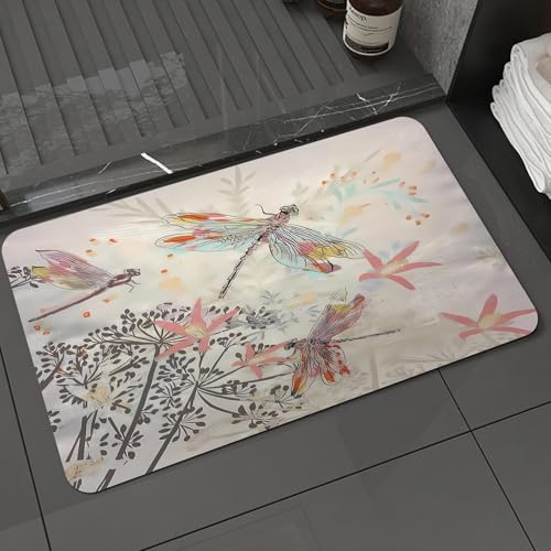 KDWJS Badematte rutschfest Super Absorbierende Badezimmerteppich,Waschbar Duschvorleger,Badewannen undBadezimmer,Mode-Vektor-Illustration mit Blumen und Libelle,40x60 cm von KDWJS