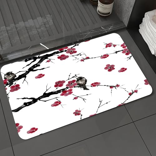 KDWJS Badematte rutschfest Super Absorbierende Badezimmerteppich,Waschbar Duschvorleger,Badewannen undBadezimmer,Nahtloses Blumenmuster. Blühende Kirsche mit Vögeln auf Zweigen. Aquarellmal,40x60 cm von KDWJS
