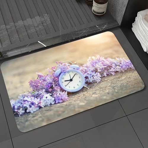 KDWJS Badematte rutschfest Super Absorbierende Badezimmerteppich,Waschbar Duschvorleger,Badewannen undBadezimmer,Naturbild, EIN exquisiter Wecker inmitten lila Blumen,40x60 cm von KDWJS