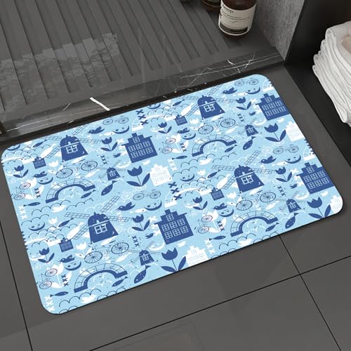 KDWJS Badematte rutschfest Super Absorbierende Badezimmerteppich,Waschbar Duschvorleger,Badewannen undBadezimmer,Niederländische, Natur- und Architekturelemente der Niederlande in Blautönen,40x60 cm von KDWJS