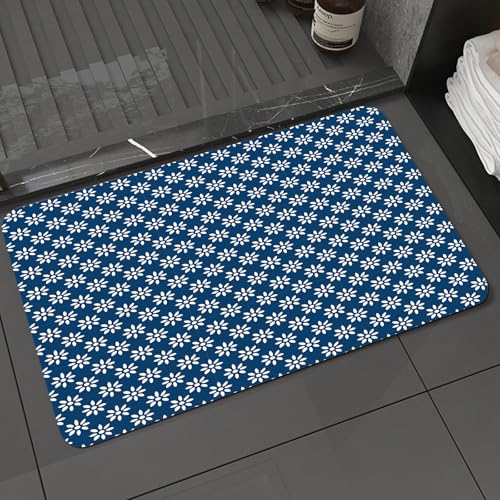 KDWJS Badematte rutschfest Super Absorbierende Badezimmerteppich,Waschbar Duschvorleger,Badewannen undBadezimmer,Niederländische handgezeichnete weiße Blumen auf blauem Hintergrund, klassis,40x60 cm von KDWJS