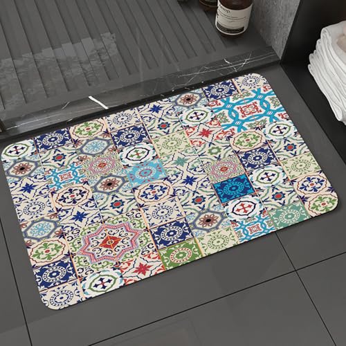 KDWJS Badematte rutschfest Super Absorbierende Badezimmerteppich,Waschbar Duschvorleger,Badewannen undBadezimmer,Patchwork-Thema Mosaik Keramik Ansicht Marokkanische Fliesen Traditionelle A,40x60 cm von KDWJS