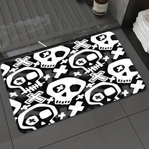 KDWJS Badematte rutschfest Super Absorbierende Badezimmerteppich,Waschbar Duschvorleger,Badewannen undBadezimmer,Punk nahtloses Muster mit Grunge fett bemalten Funky Totenköpfen. Rock and R,40x60 cm von KDWJS