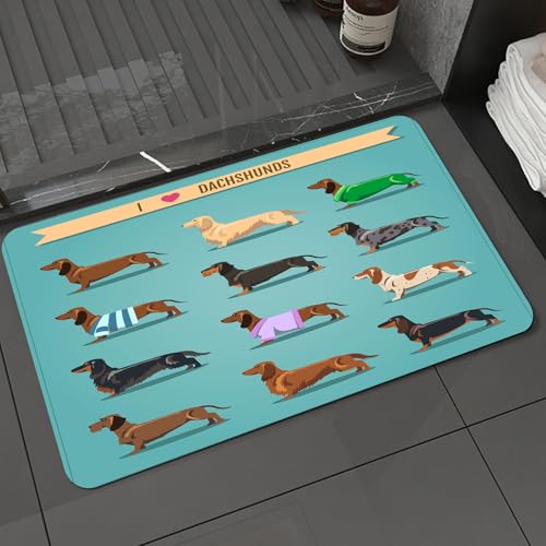 KDWJS Badematte rutschfest Super Absorbierende Badezimmerteppich,Waschbar Duschvorleger,Badewannen undBadezimmer,Reihe süßer Dackel Banner „i Dackel“ auf,40x60 cm von KDWJS