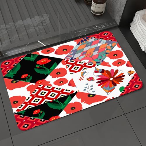 KDWJS Badematte rutschfest Super Absorbierende Badezimmerteppich,Waschbar Duschvorleger,Badewannen undBadezimmer,Retro, Patchwork-inspiriertes Muster mit Mohnblumen Russisch-,40x60 cm von KDWJS