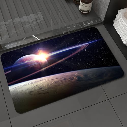KDWJS Badematte rutschfest Super Absorbierende Badezimmerteppich,Waschbar Duschvorleger,Badewannen undBadezimmer,Ringplanet und Erde, beleuchtet von einem fernen Stern im Weltraum,40x60 cm von KDWJS