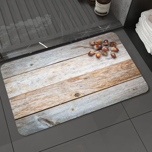 KDWJS Badematte rutschfest Super Absorbierende Badezimmerteppich,Waschbar Duschvorleger,Badewannen undBadezimmer,Rustikal, Eicheln und Zapfen auf einem verwitterten und gemaserten Holzboden,40x60 cm von KDWJS