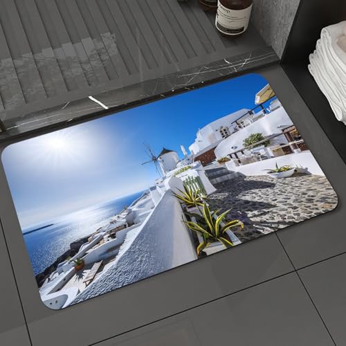 KDWJS Badematte rutschfest Super Absorbierende Badezimmerteppich,Waschbar Duschvorleger,Badewannen undBadezimmer,Santorini, weiß getünchte Gebäude, Windmühlen und die Ägäis unter dem herrli,40x60 cm von KDWJS