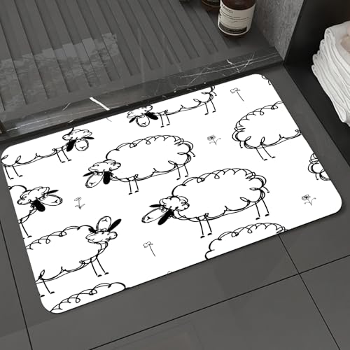 KDWJS Badematte rutschfest Super Absorbierende Badezimmerteppich,Waschbar Duschvorleger,Badewannen undBadezimmer,Schafkunst, Cartoon-Schwarz-Weiß-repetitives Design auf weißem Hintergrund,40x60 cm von KDWJS