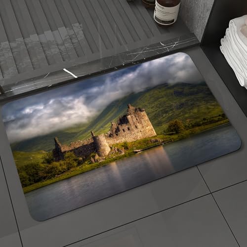 KDWJS Badematte rutschfest Super Absorbierende Badezimmerteppich,Waschbar Duschvorleger,Badewannen undBadezimmer,Schloss Reflexionen im Morgenlicht Highlands Schottland bewölkter Himmel Ber,40x60 cm von KDWJS