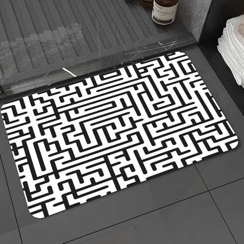 KDWJS Badematte rutschfest Super Absorbierende Badezimmerteppich,Waschbar Duschvorleger,Badewannen undBadezimmer,Schwarz-weißer Abstrakter Hintergrund mit komplexem Labyrinth.,40x60 cm von KDWJS